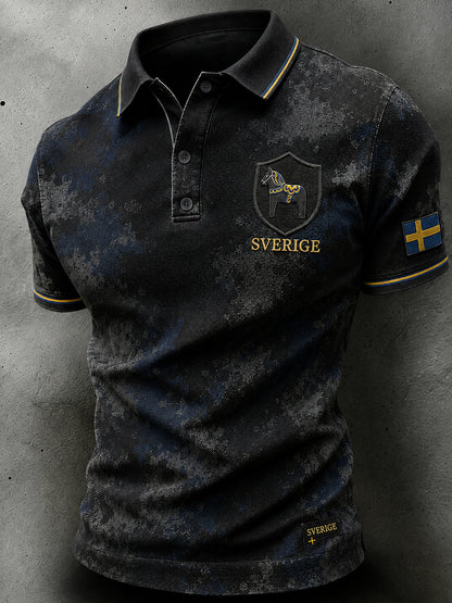 Herren-Poloshirt im Retro-Nordic-Stil mit norwegischem Kunstdruck