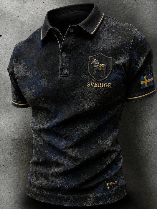 Herren-Poloshirt im Retro-Nordic-Stil mit norwegischem Kunstdruck