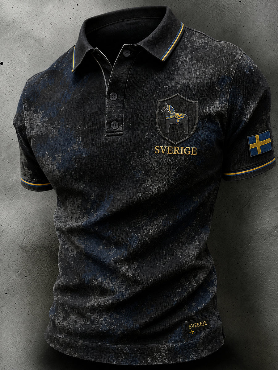 Herren-Poloshirt im Retro-Nordic-Stil mit norwegischem Kunstdruck