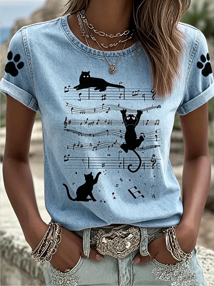 Damen-Animal-Music-Katzenprint Vintage-Mode lockeres Kurzarm-T-Shirt