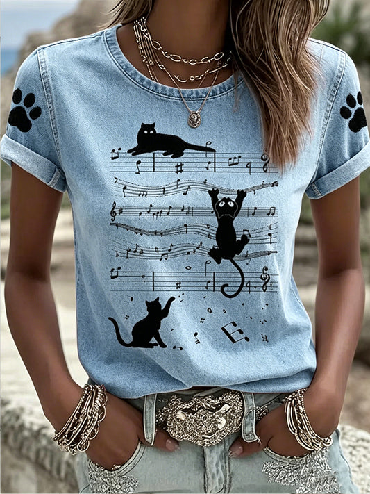 Damen-Animal-Music-Katzenprint Vintage-Mode lockeres Kurzarm-T-Shirt