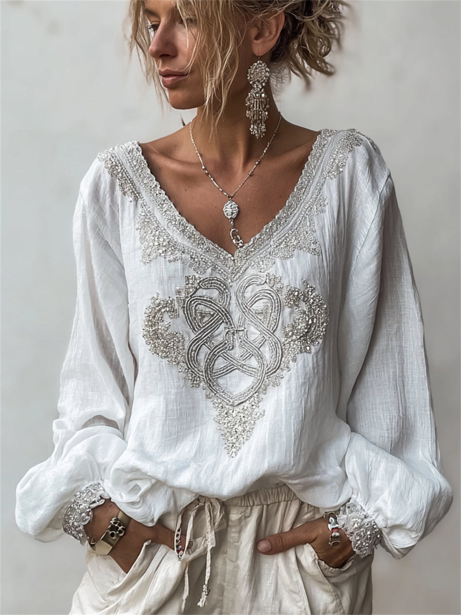 Damen-elegantes Wikinger-Keltenknoten-Silberdruck-Hemd aus Baumwolle-Leinen