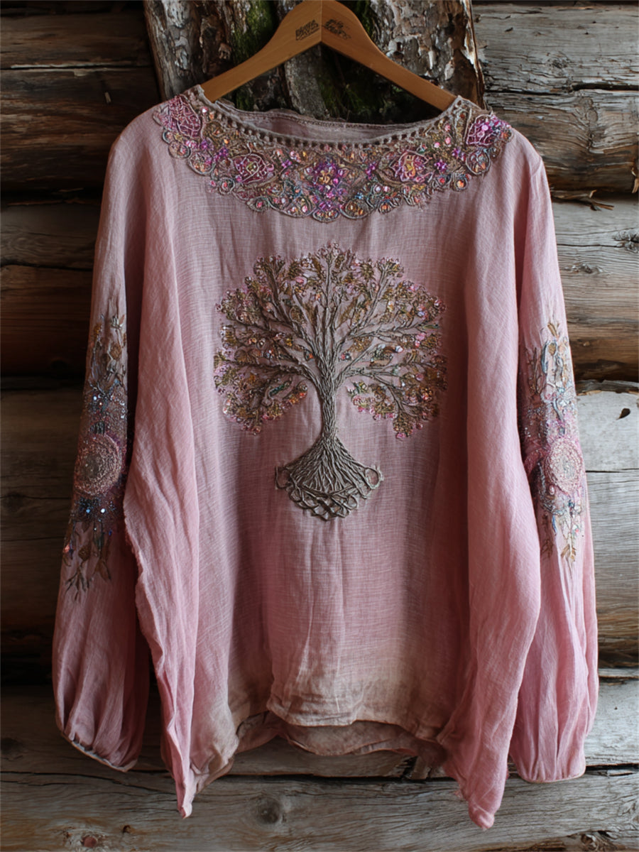 Damenhemd aus Baumwolle-Leinen mit Vintage-Boho-Viking-Design des Lebensbaums als Kunstdruck