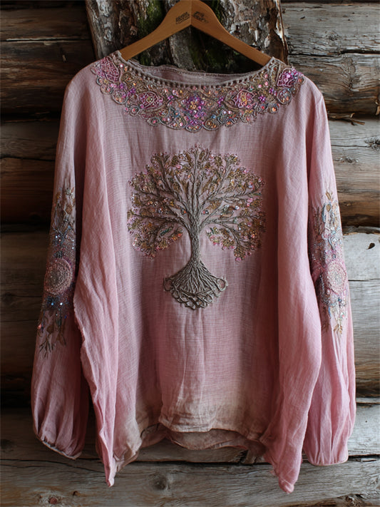 Damenhemd aus Baumwolle-Leinen mit Vintage-Boho-Viking-Design des Lebensbaums als Kunstdruck