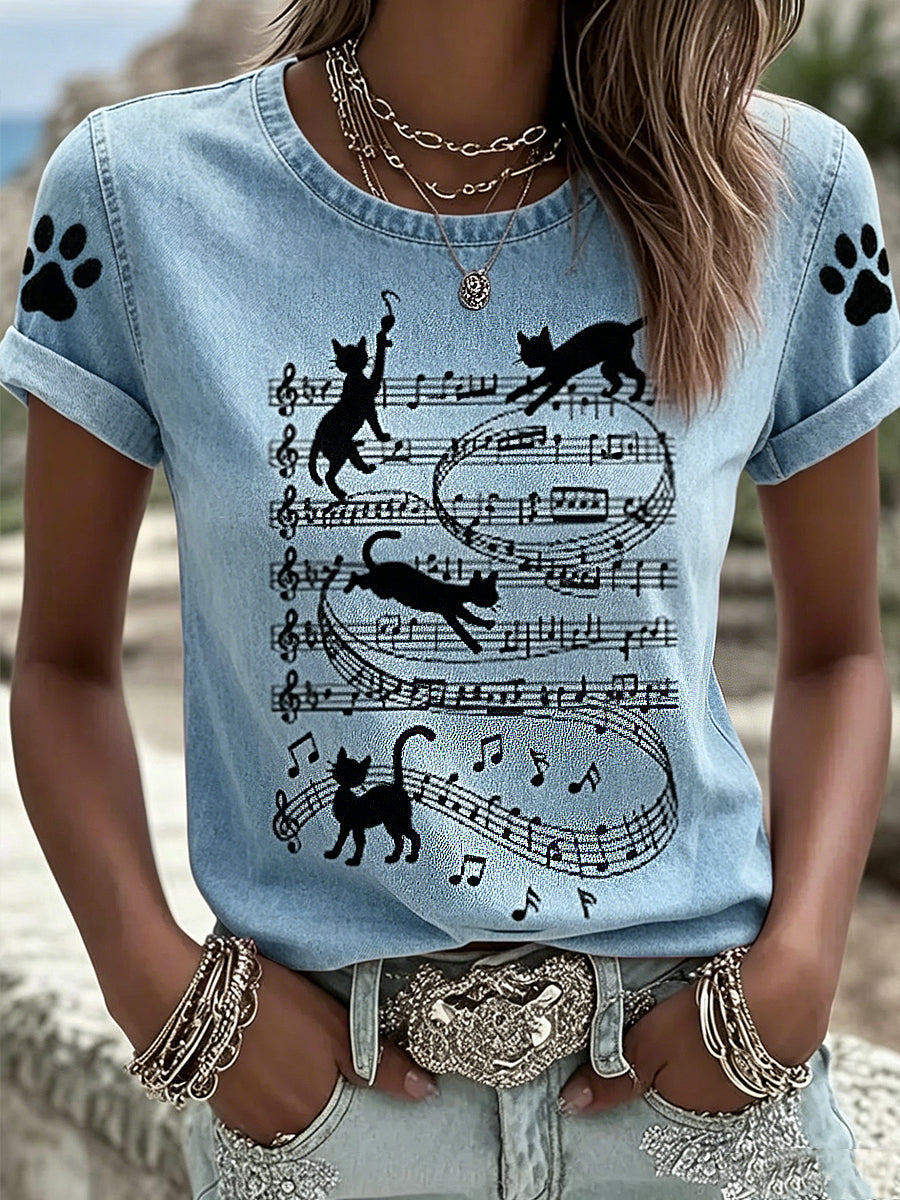 Damen-Animal-Music-Katzenprint Vintage-Mode lockeres Kurzarm-T-Shirt