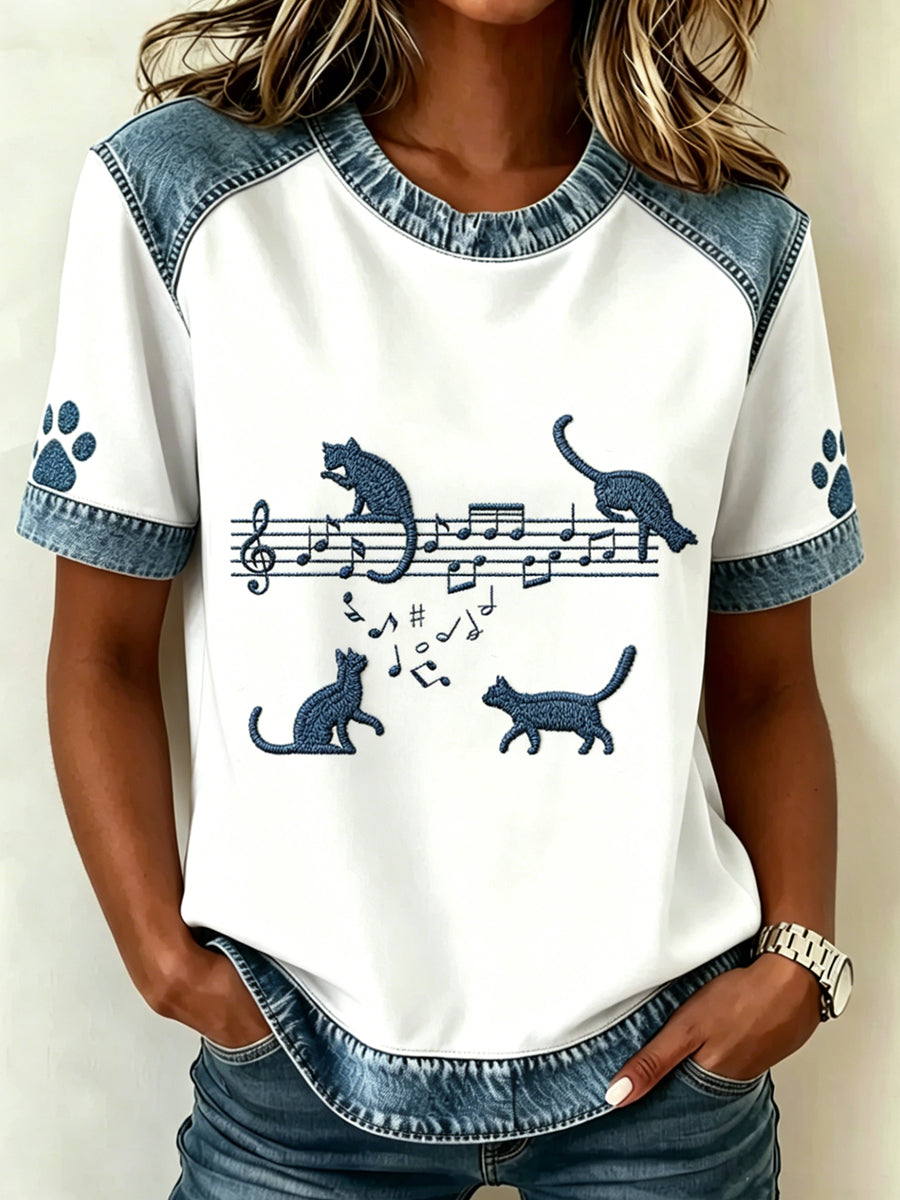 Damen-Animal-Music-Katzenprint Vintage-Mode lockeres Kurzarm-T-Shirt