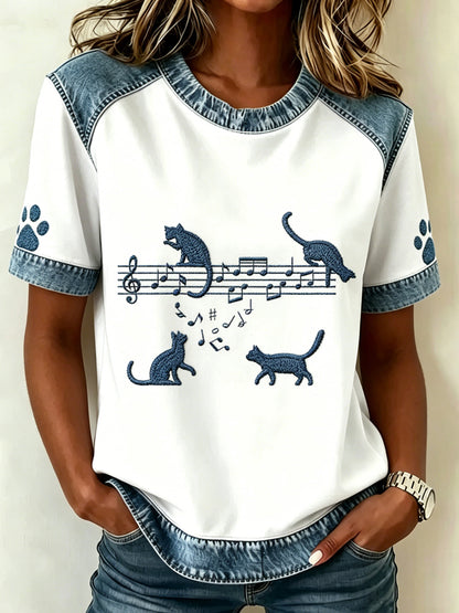 Damen-Animal-Music-Katzenprint Vintage-Mode lockeres Kurzarm-T-Shirt