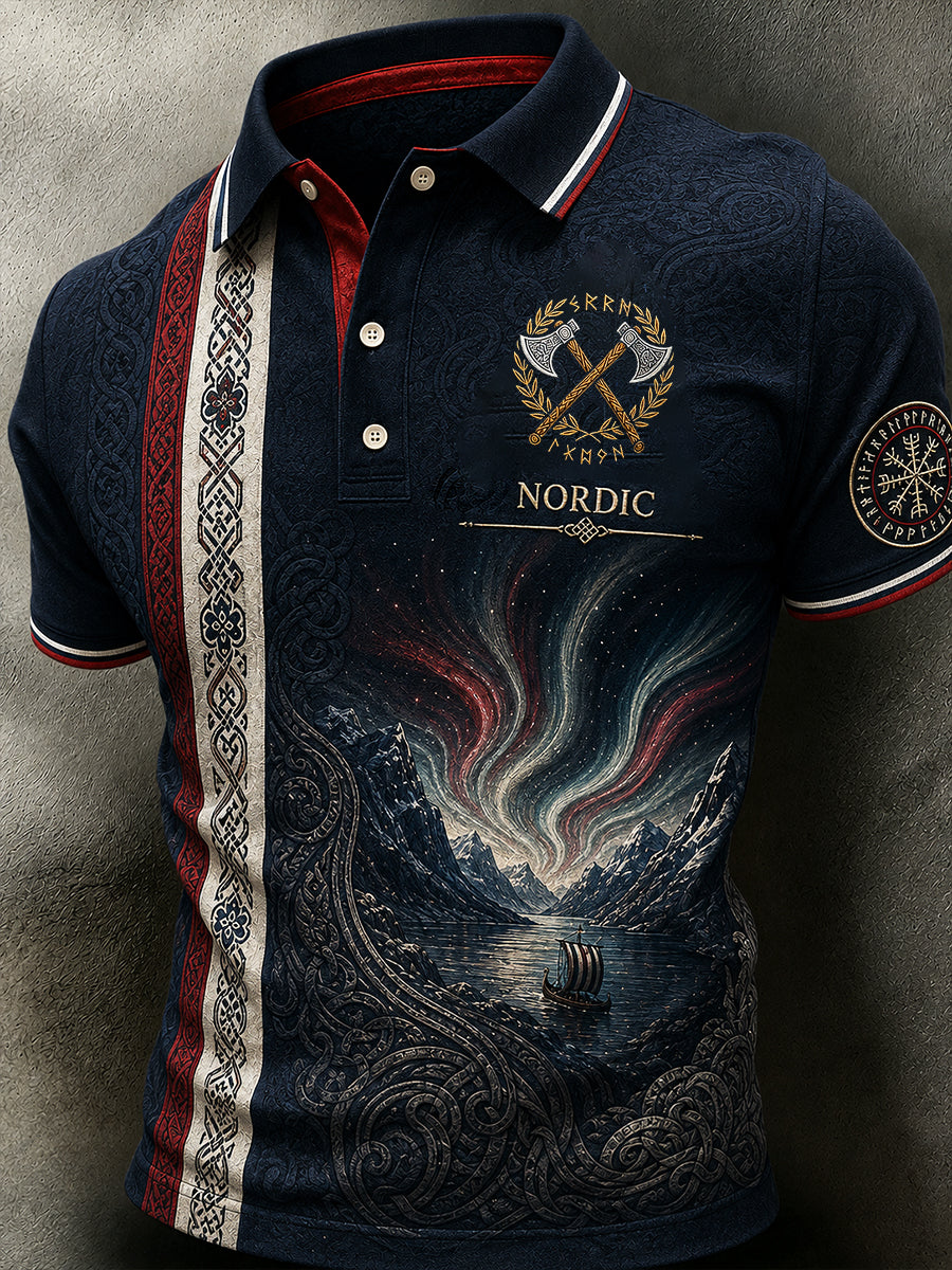Herren-Poloshirt im Retro-Nordic-Stil mit norwegischem Kunstdruck