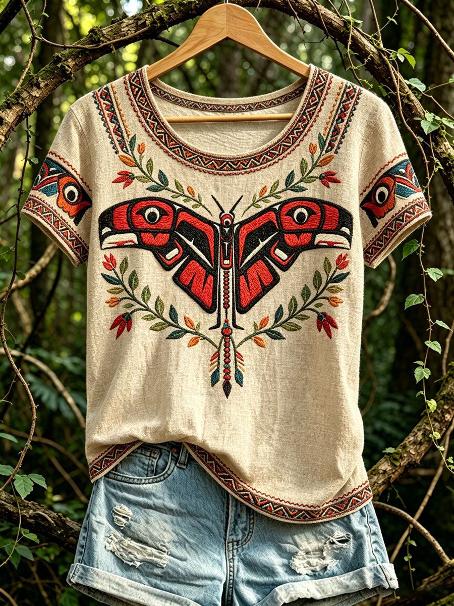 Lässiges T-Shirt für Damen mit nordamerikanischem Tiermuster der indigenen Völker