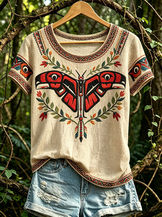 Lässiges T-Shirt für Damen mit nordamerikanischem Tiermuster der indigenen Völker