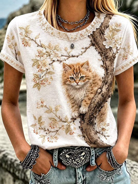 Damen-Top aus Leinen mit Katzen-Motiv, Rundhalsausschnitt und kurzen Ärmeln