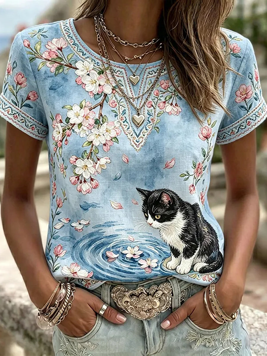 Damen-Top aus Leinen mit katzenförmigem Blumenmuster, Rundhalsausschnitt und kurzen Ärmeln