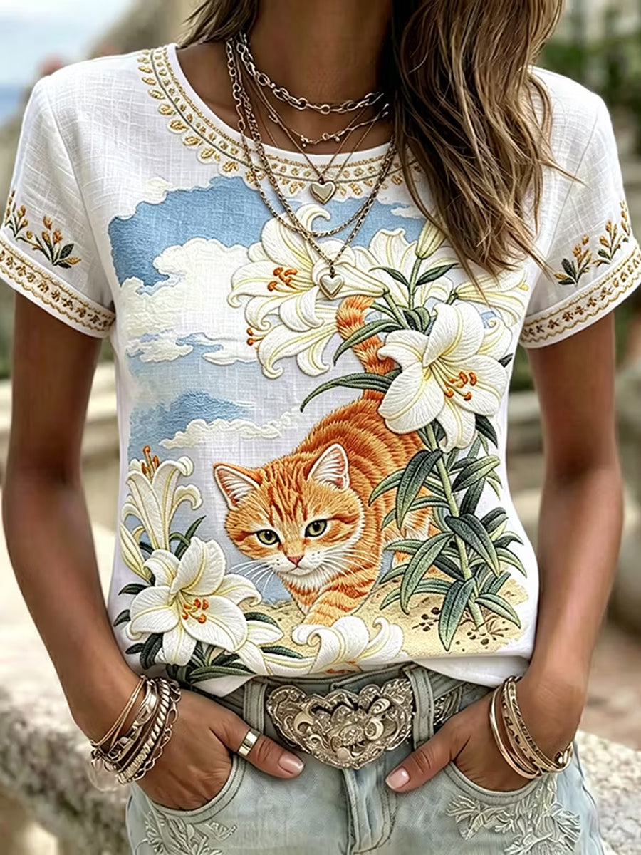 Damen-Top aus Leinen mit katzenförmigem Blumenmuster, Rundhalsausschnitt und kurzen Ärmeln