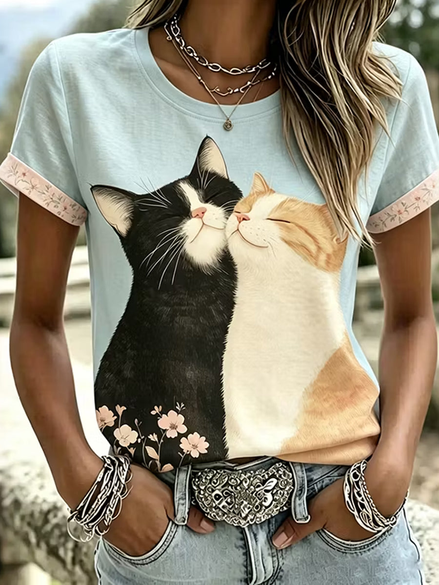 Damen-Lässiges Kurzarm-T-Shirt mit niedlichem Katzen-Motiv