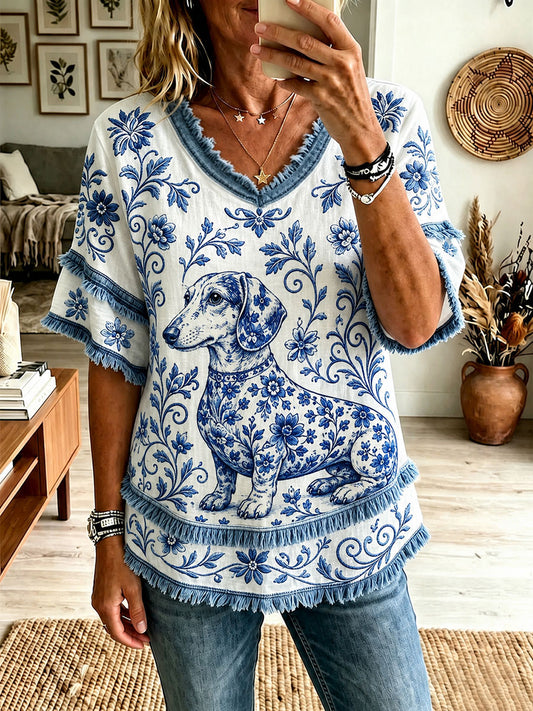 Damen-Floral-Top mit Dackelmotiv und V-Ausschnitt