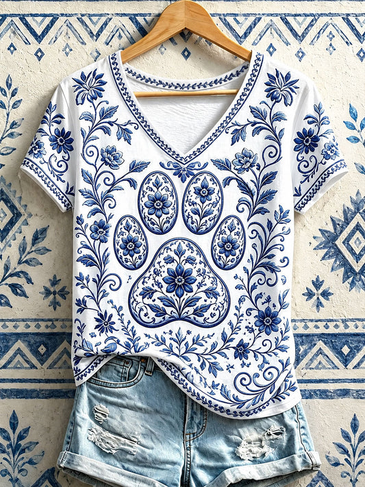 Damen-T-Shirts mit Tierpfoten- und Blumenmuster sowie V-Ausschnitt