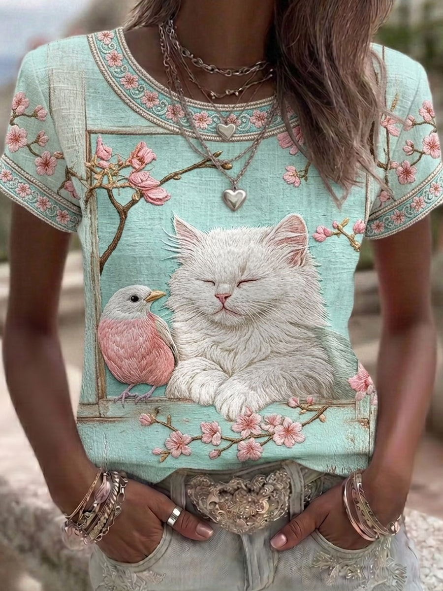 Damen-Top aus Leinen mit katzenförmigem Blumenmuster, Rundhalsausschnitt und kurzen Ärmeln