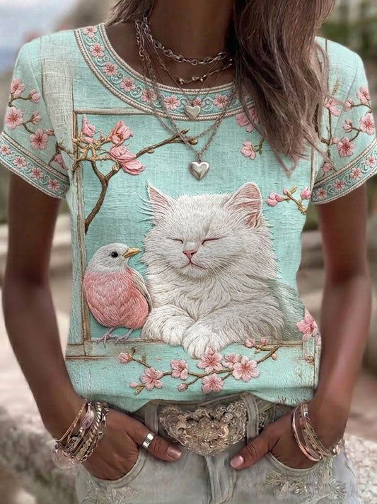 Damen-Top aus Leinen mit katzenförmigem Blumenmuster, Rundhalsausschnitt und kurzen Ärmeln