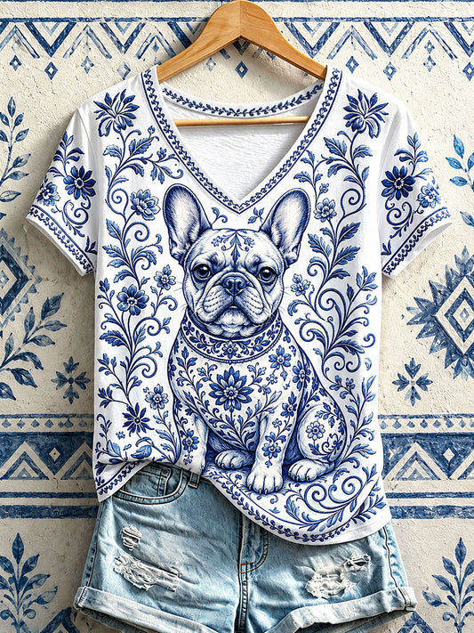 Damen-T-Shirts mit V-Ausschnitt und Blumenmuster, französische Bulldogge
