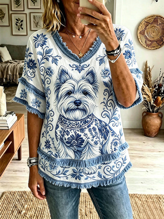 Damen-Hund-Blumen-V-Ausschnitt-Tops