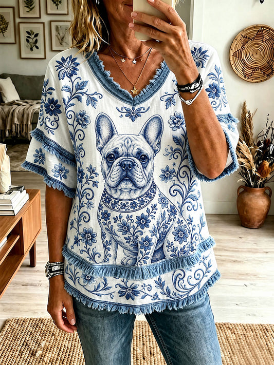 Damen-Floral-Tops mit V-Ausschnitt und französischem Bulldoggen-Print