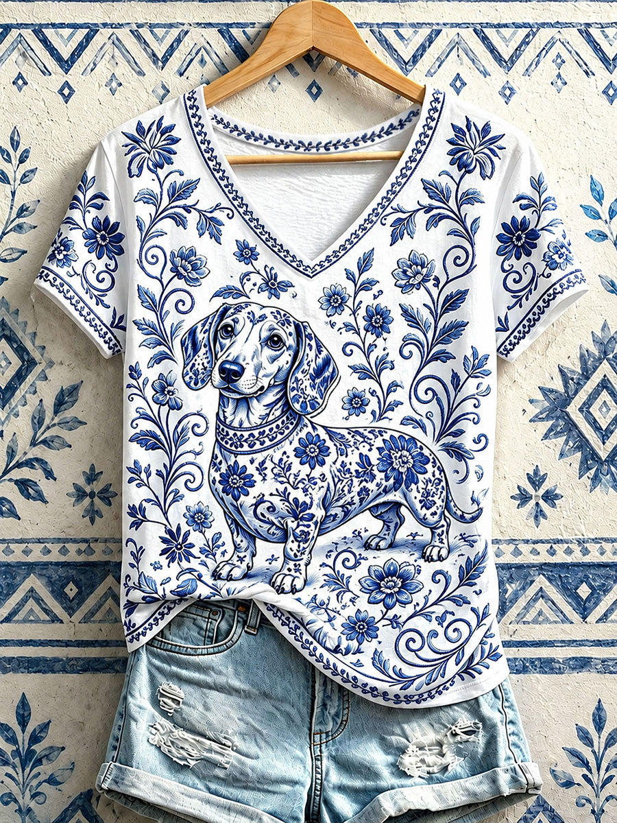 Damen-T-Shirts mit Blumenmuster und V-Ausschnitt, Motiv Dackel