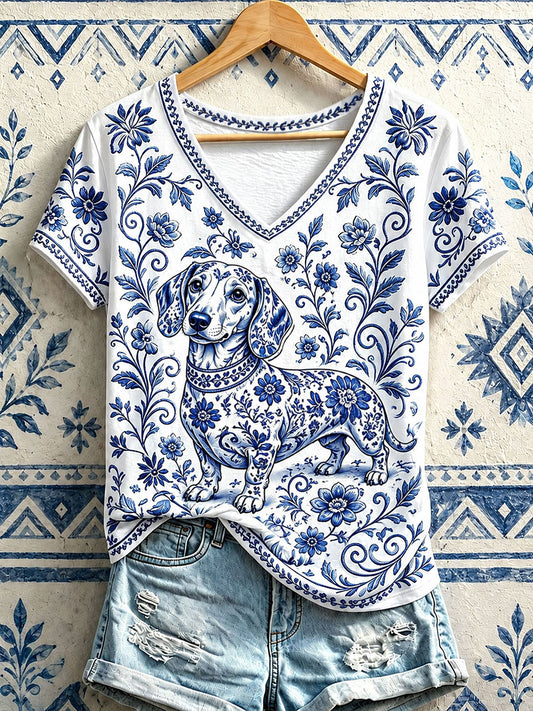 Damen-T-Shirts mit Blumenmuster und V-Ausschnitt, Motiv Dackel