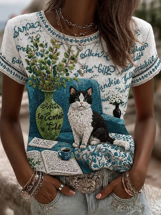 Damen-Top aus Leinen mit katzenförmigem Blumenmuster, Rundhalsausschnitt und kurzen Ärmeln