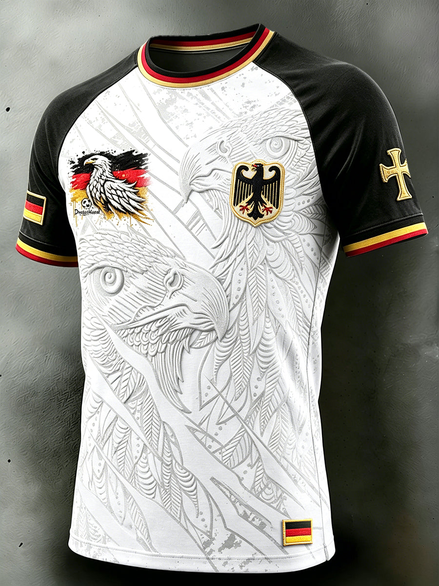 Herren deutscher Fußball druck Schwarz-Weiß-Block-Farbe Casual Drop-Shoulder T-Shirt