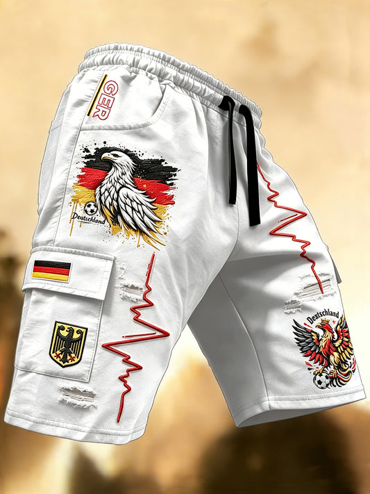 Herren Weiß Deutsch Fußball-Druck Hole-Effekt Casual Sport Shorts