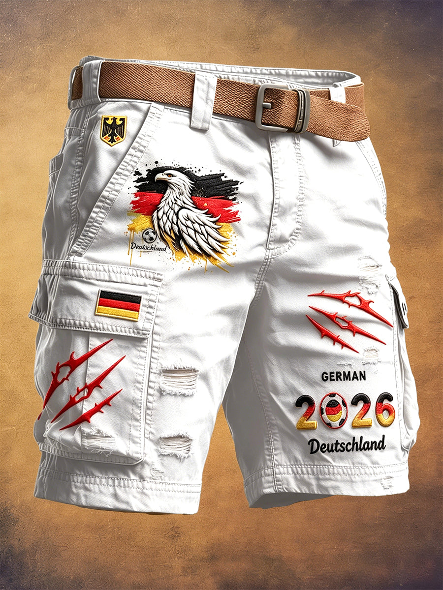 Herren Weiß Deutsch Fußball-Print Distressed Casual Arbeits shorts