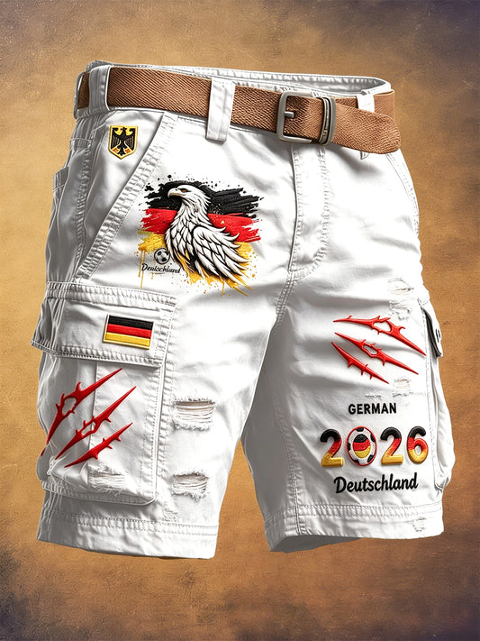 Herren Weiß Deutsch Fußball-Print Distressed Casual Arbeits shorts