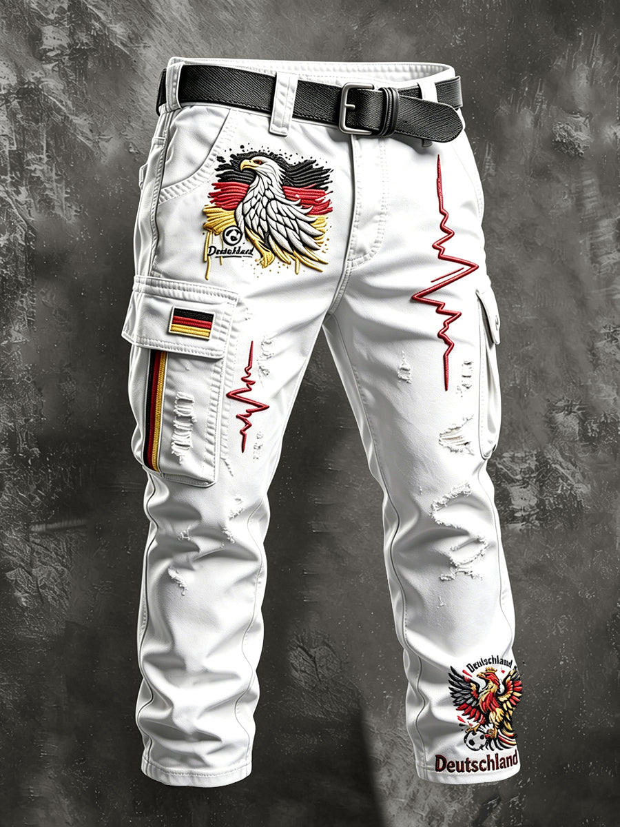 Herren Weiß Deutsch Fußball-Print Distressed Lässige Arbeits hose