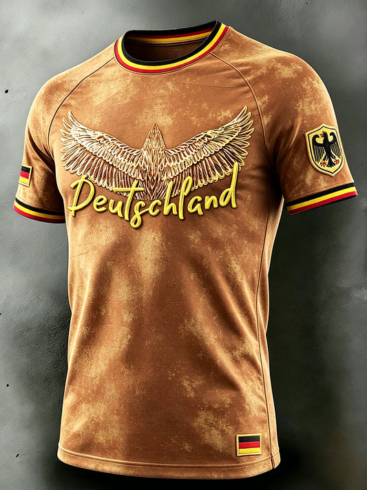 Herren Kaffee-farbiges deutsches Vintage Print Lässiges Schulter-T-Shirt
