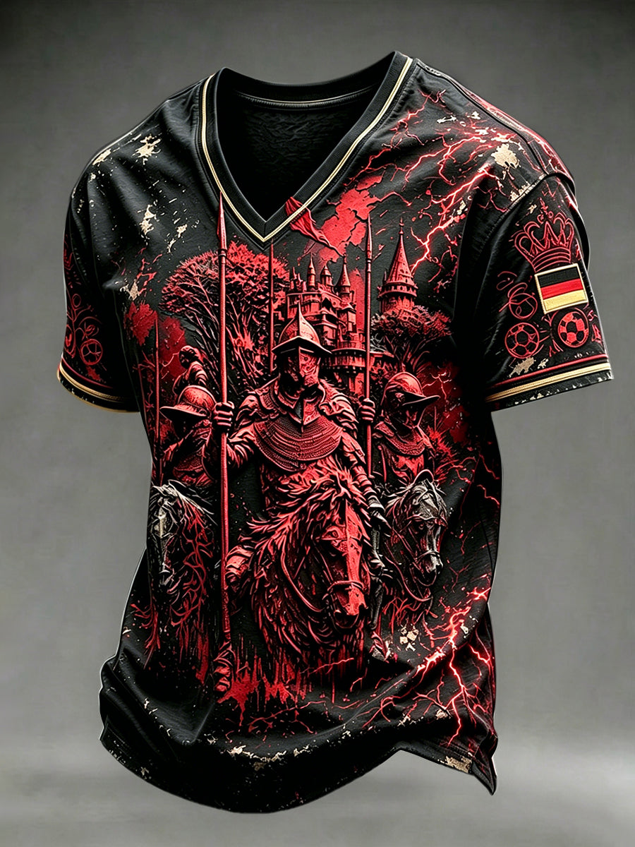 Herren-T-Shirt im dunklen Ritterstil mit V-Ausschnitt und Aufdruck, lässig geschnitten