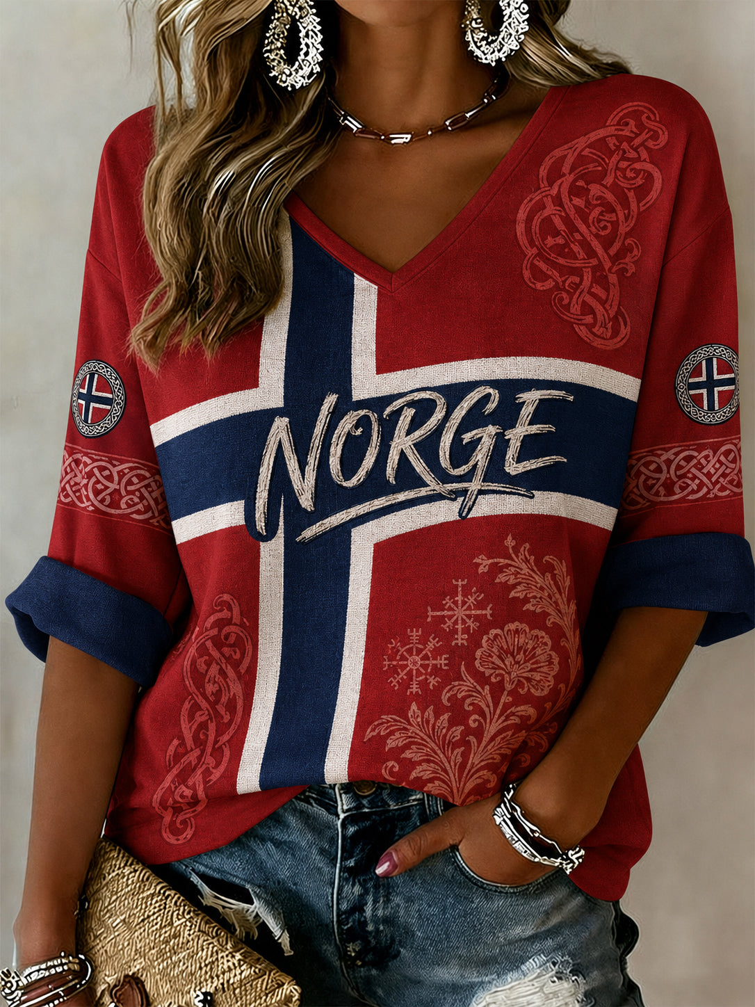 Damen Retro Viking Element Print V-Ausschnitt Top