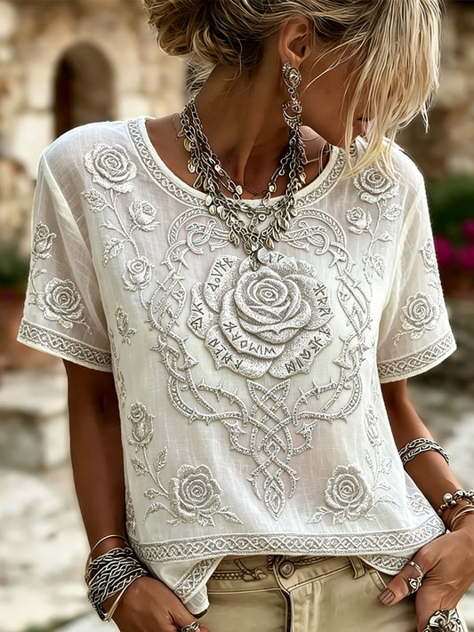 Damen Viking Runen Rose Celtic Knoten Print Leinen Kurzarm T-Shirt