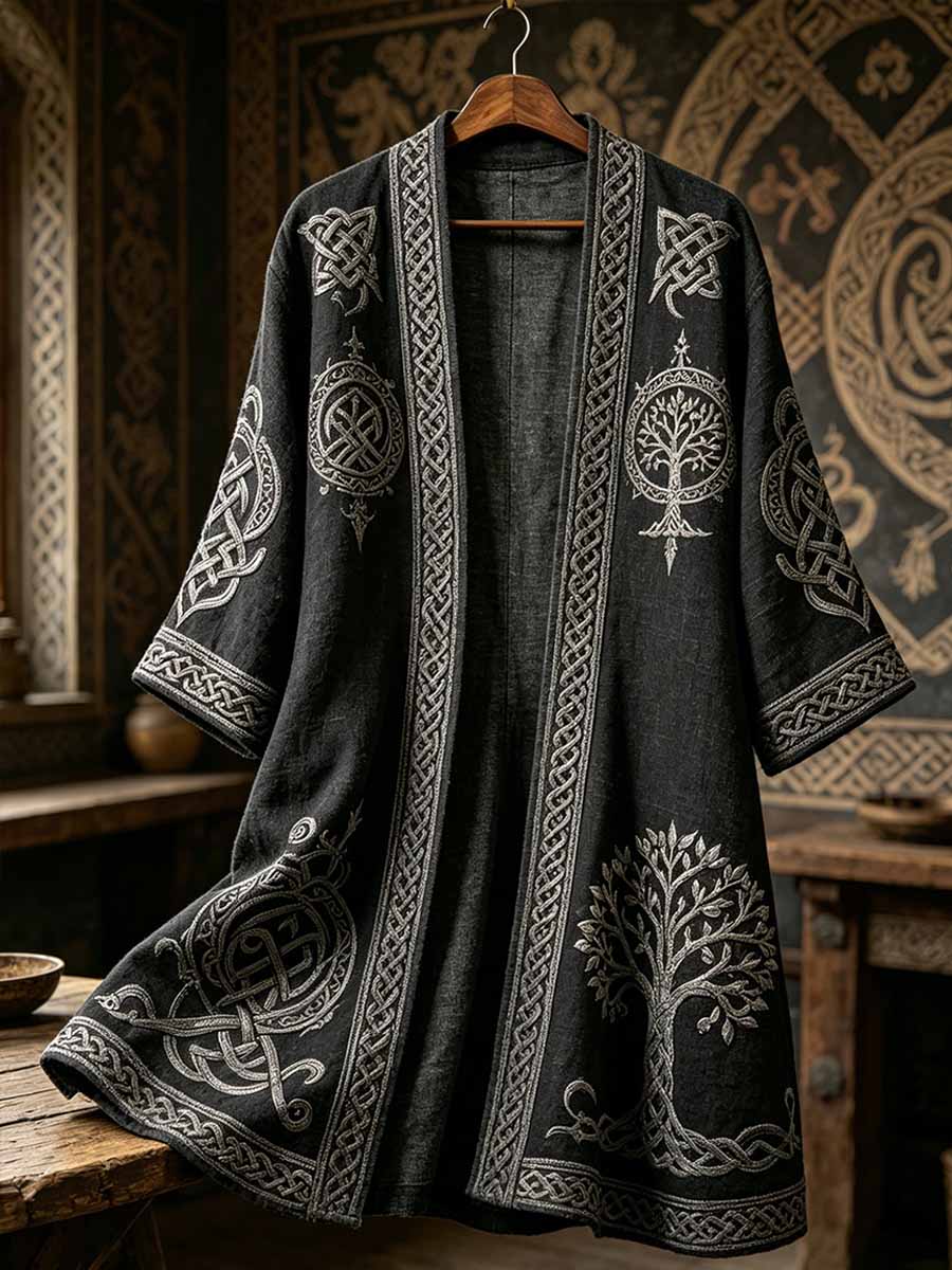 Herren-Strickjacke im Wikinger-Stil mit Aufdruck, lang geschnitten