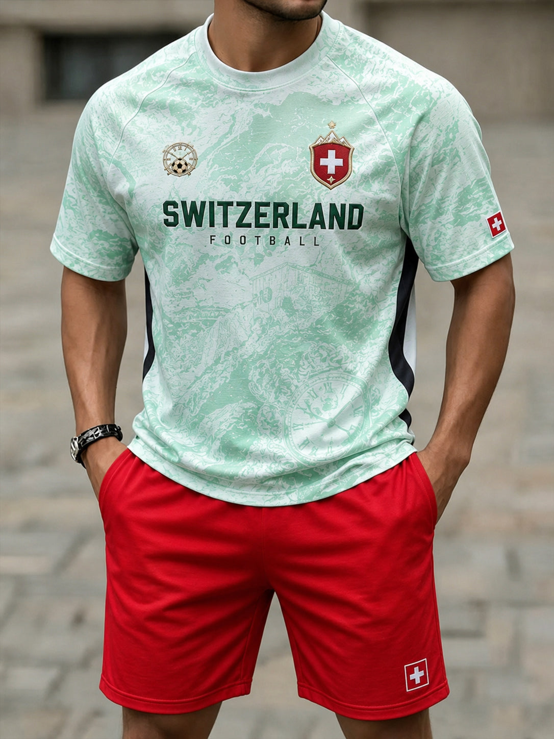 Herren-Trainingsanzug mit Fußballmotiv und Raglanärmeln, Kurzarm