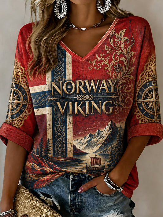 Damen-Top im Retro-Viking-Style mit V-Ausschnitt und Print