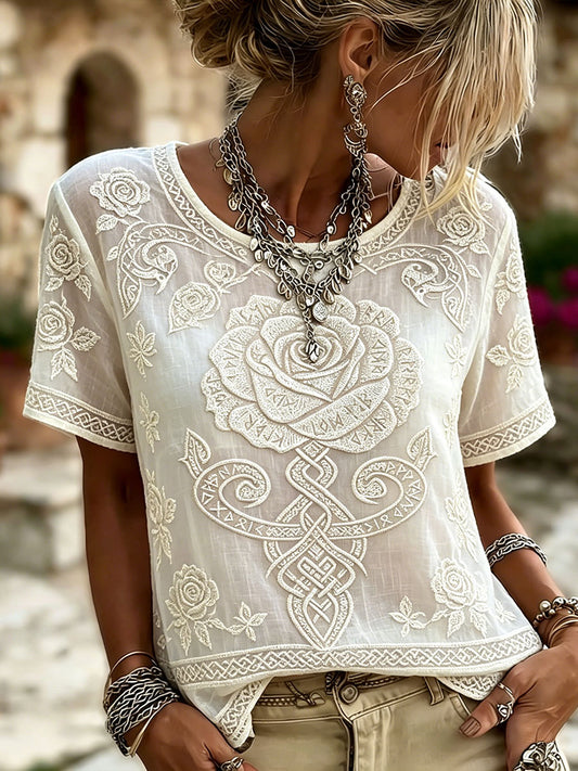 Damen-T-Shirt mit keltischem Knoten mit Rosen druck aus Leinen mit kurzen Ärmeln