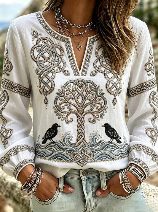 Damenmode Lebensbaum-T-Shirt mit Wikinger-Muster