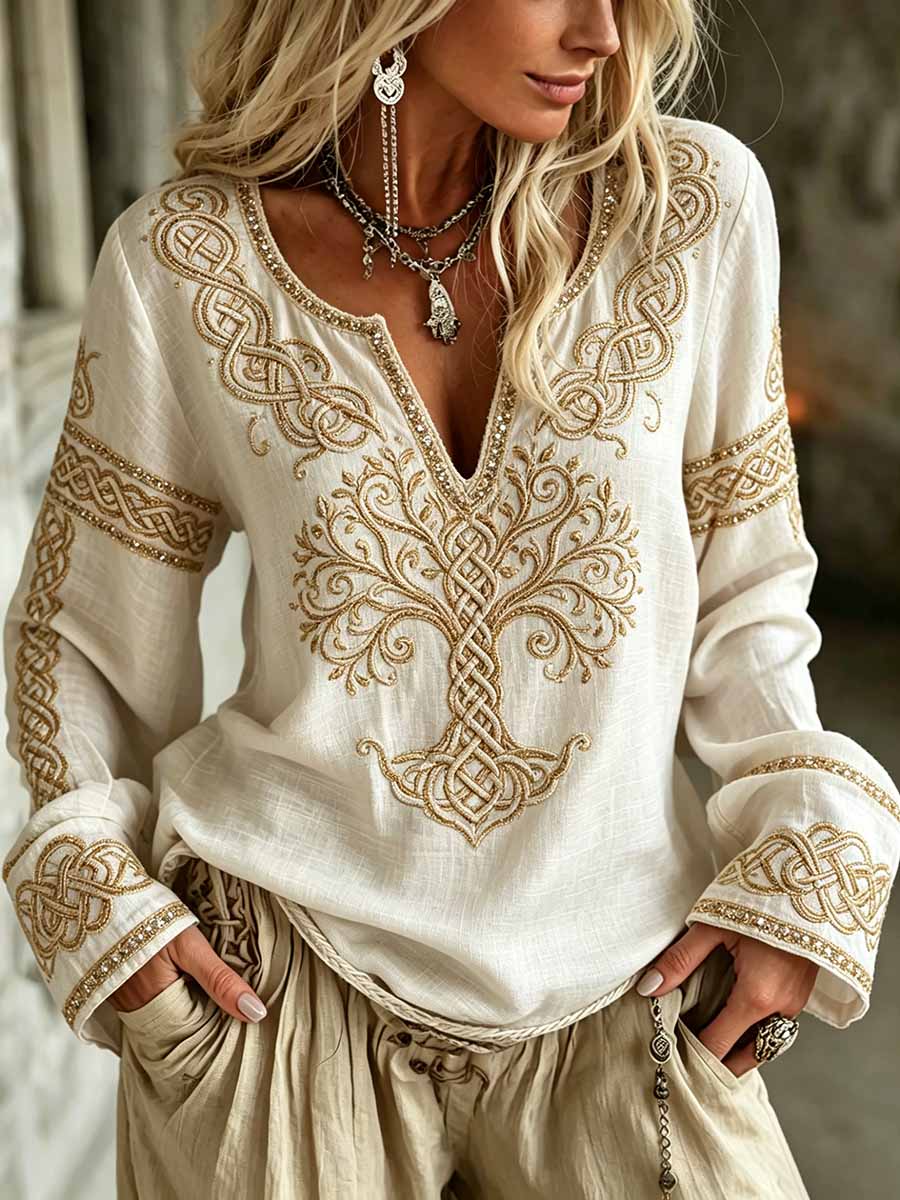 Damenmode Lebensbaum-Wikinger-Boho-Print-T-Shirt