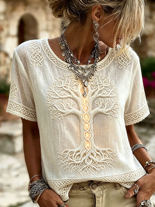 Damen Viking Keltischer Knoten Baum des Lebens Druck Leinen Kurzarm T-Shirt
