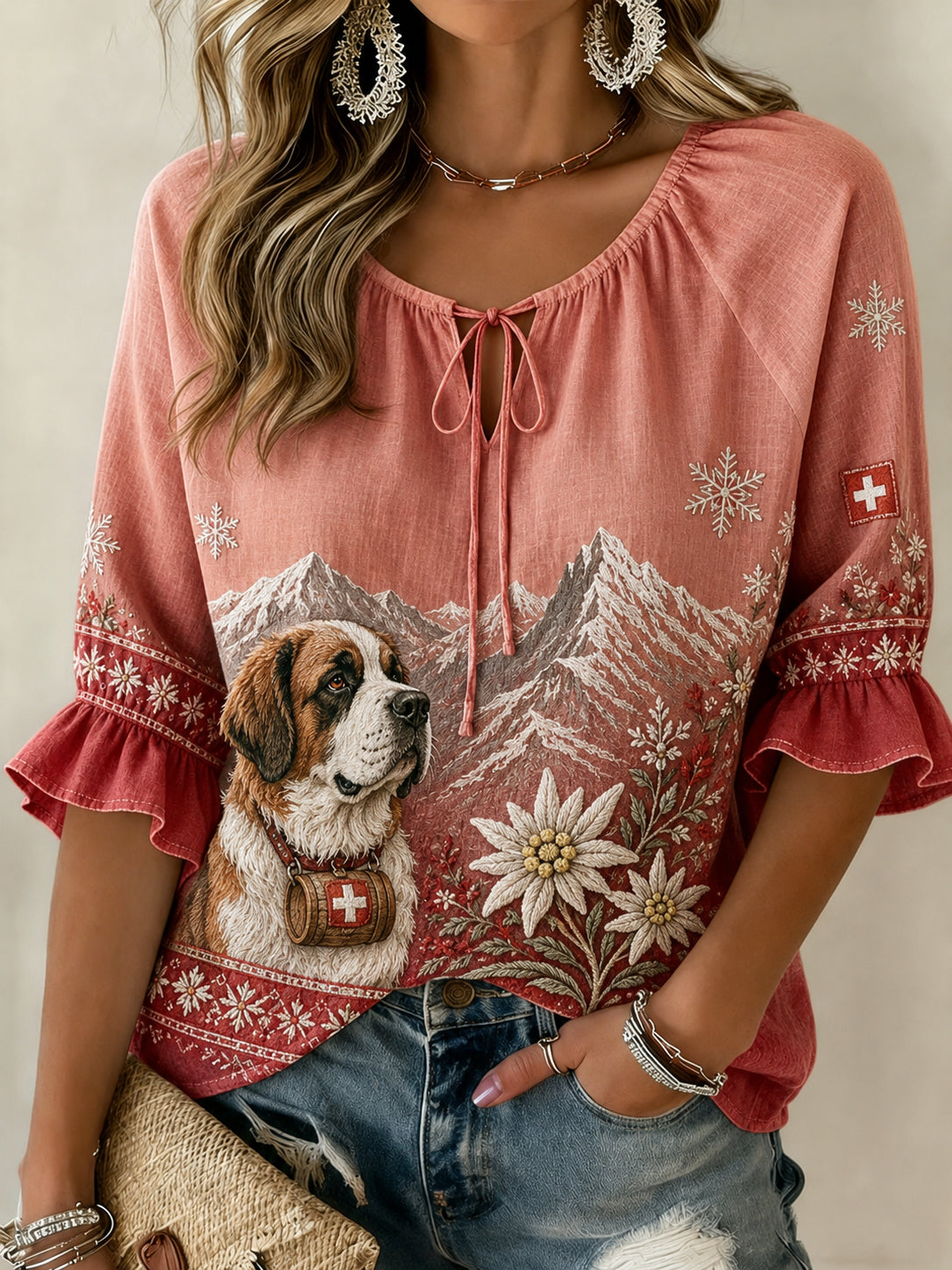 Damen-Top mit Blumenprint, V-Ausschnitt und Puffärmeln für den Schneeberg