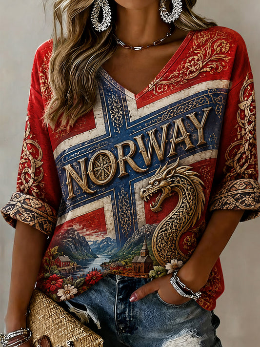 Damen-Top im Retro-Viking-Style mit V-Ausschnitt und Print