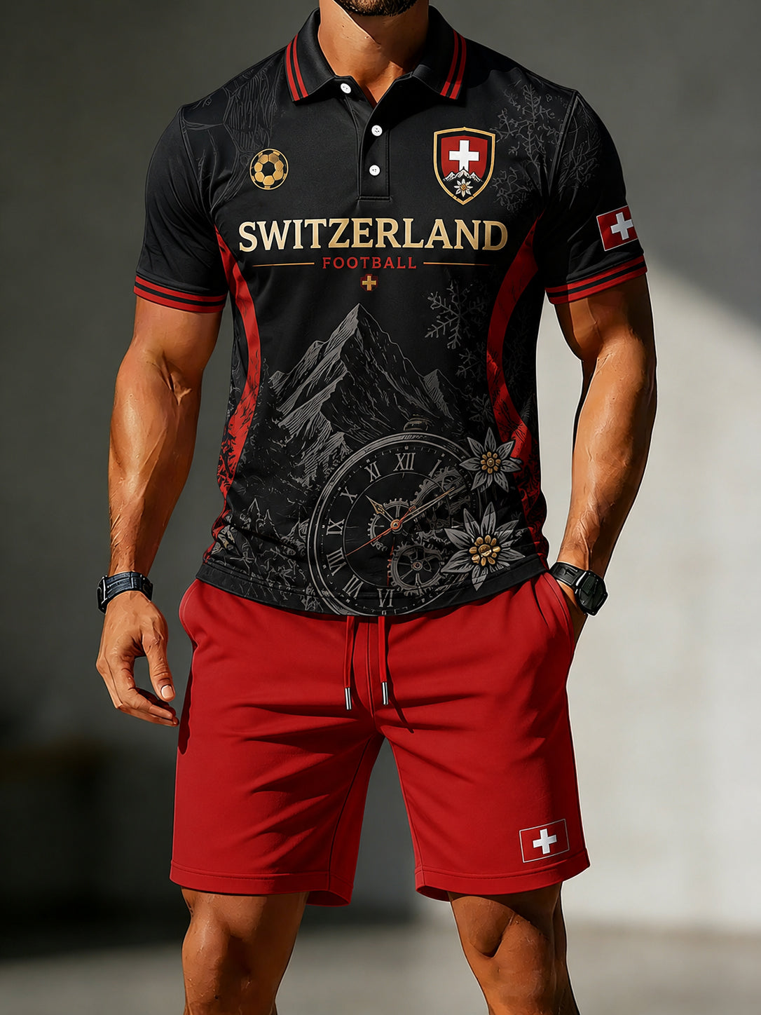 Herren-Poloshirt-Set mit Fußballmotiv und kurzen Ärmeln