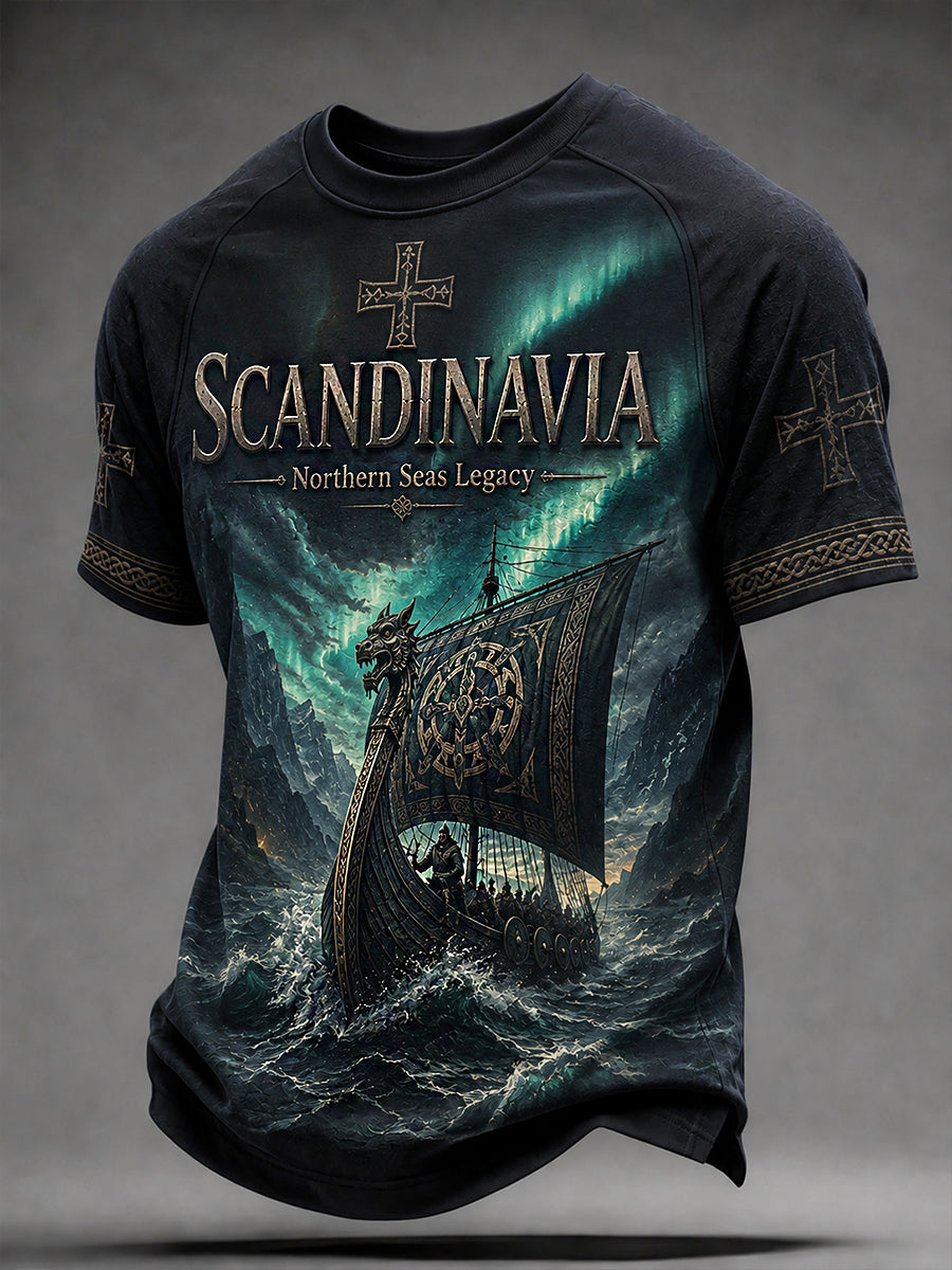 Herren-T-Shirt im Retro-Nordic-Stil mit norwegischem Kunstdruck