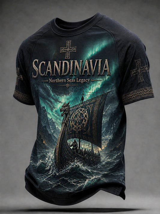 Herren-T-Shirt im Retro-Nordic-Stil mit norwegischem Kunstdruck