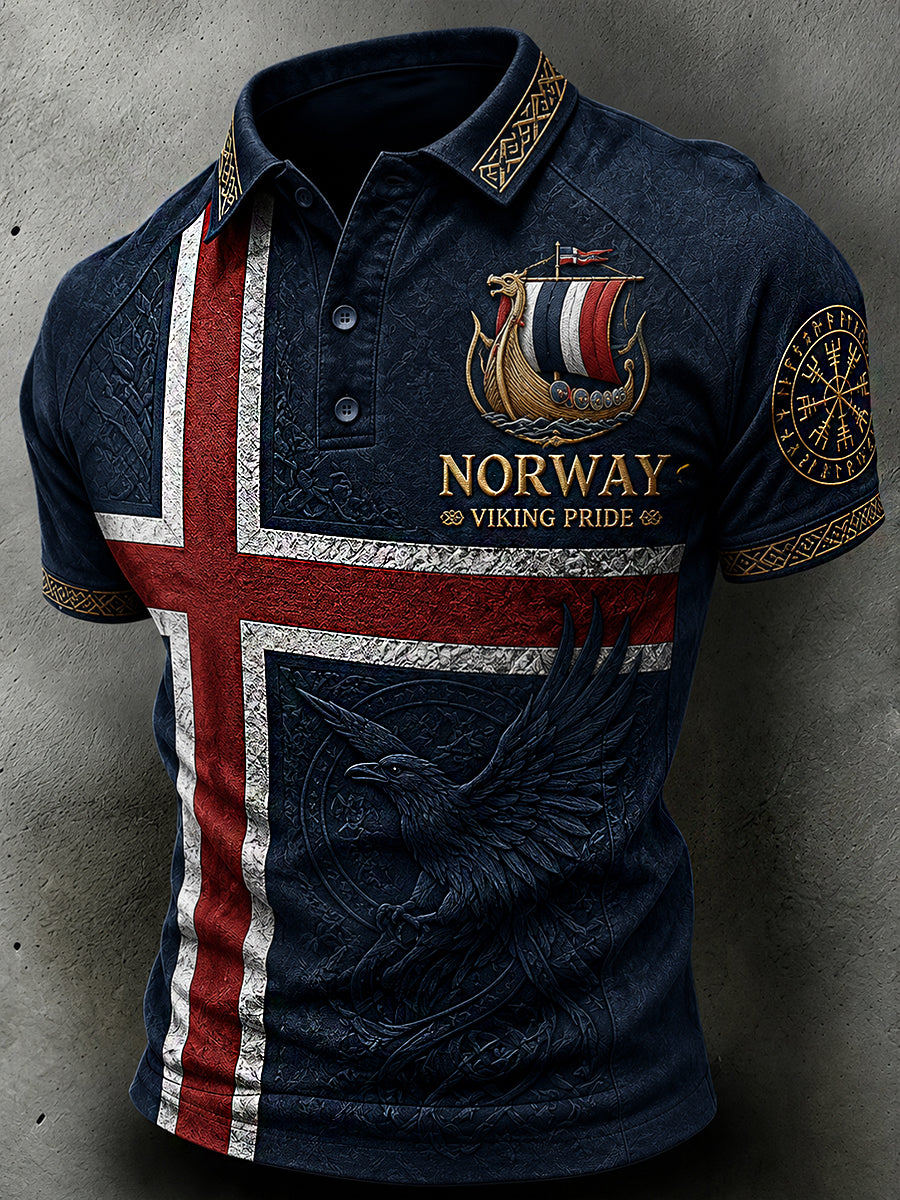 Herren-Poloshirt im Retro-Nordic-Stil mit norwegischem Kunstdruck